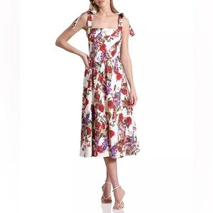 Avec Les Filles Floral Midi Dress - Red, Purple, Green on White